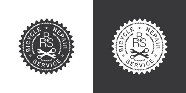 illustrations, cliparts, dessins animés et icônes de logo du service de réparation de bicyclettes - location vélo