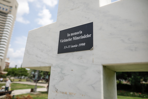 Bucharest, Romania - June 13, 2020: The 13-15 June 1990 Mineriad monument in the University Square.