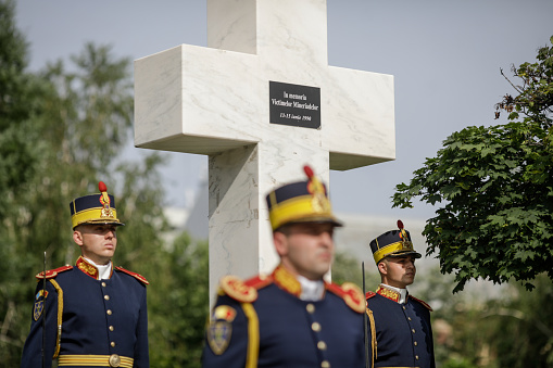 Bucharest, Romania - June 13, 2020: The 13-15 June 1990 Mineriad monument in the University Square.