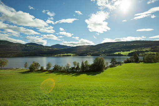 Amazing Nature Landscape ,Houses, Lake ,Green Fields and Mountains view in Norway