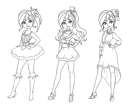 Set Of Three Cute Girls With Different Haircuts And Clothes Outlined Images Hand Drawn Cartoon Illustration Can Be Used For Coloring Books Paper Dolls Mobile Games Study Etc Stock Illustration - Download Set Of Three Cute Girls With Different Haircuts And Clothes Outlined Images Hand Drawn Cartoon Illustration Can Be Used For Coloring Books Paper Dolls Mobile Games Study Etc Stock Illustration - Download