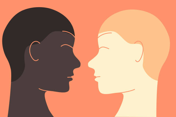 Different races happy friends Face to face African American and a Caucasian ethnicity man. Flat design icon head and shoulders logo stock illustrations