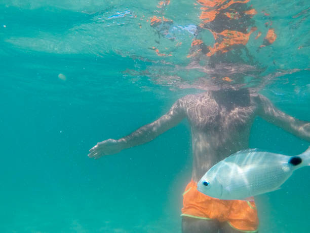 A young man snorkeling under water