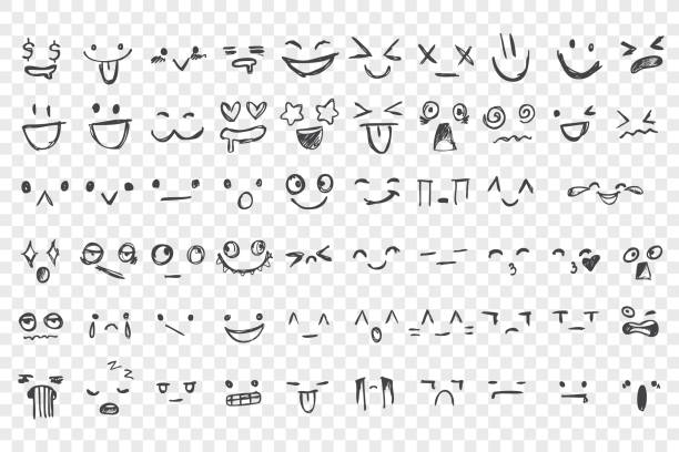 Hand drawn emotions set Hand drawn emotions set. Face expressions, happy, sad mood. Laughing faces, smiling mouths, crying eyes. Doodle different moods, positive and negative human feelings. Vector illustration happiness drawings stock illustrations
