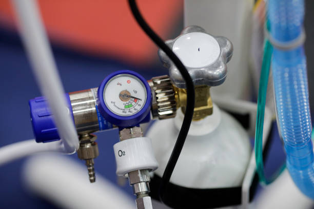 istock Oxygen gauge from a portable medical ventilator. 1250216649
