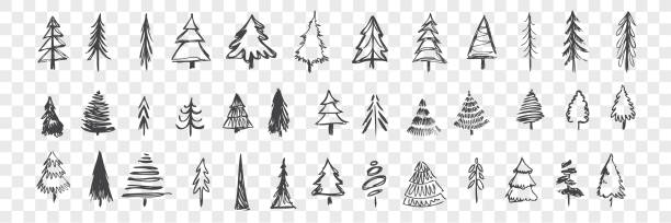 Hand drawn christmas trees set Hand drawn christmas trees set. Scribbles, doodles. Collection of pencil various scattered christmas trees. Sketches of different coniferous tree isolated on checkered background. New year symbol. multiple christmas trees stock illustrations