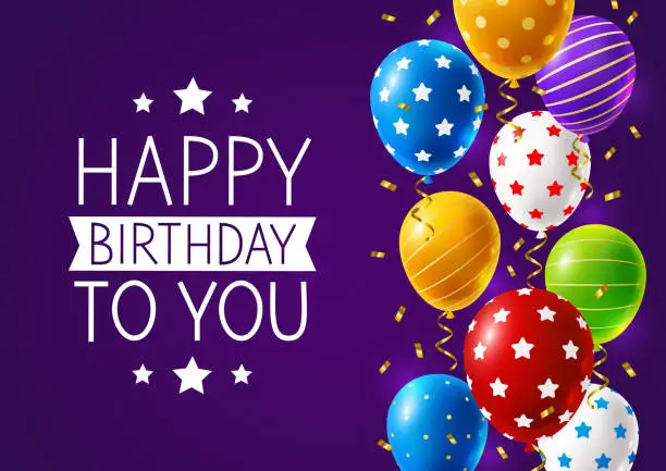 Vector illustration of Birthday card with a border of bright multi-colored balloons and confetti on a purple background