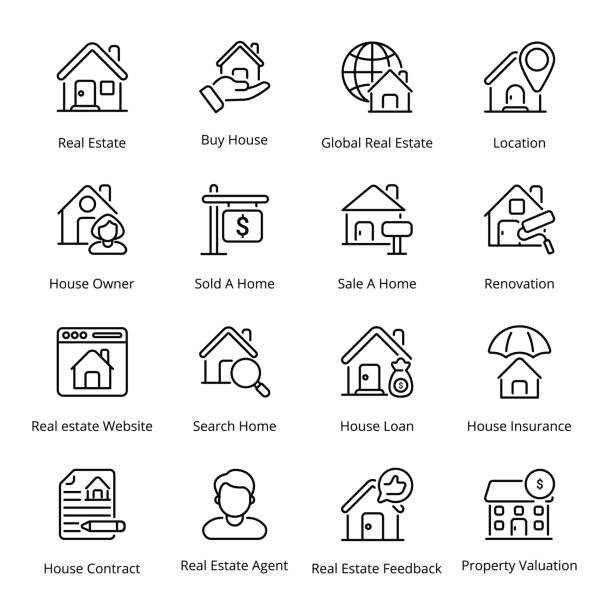 illustrations, cliparts, dessins animés et icônes de icônes de contour d’immobiliers - immobilier