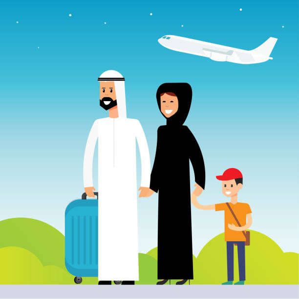 illustrazioni stock, clip art, cartoni animati e icone di tendenza di illustrazione di vacanze / viaggi in famiglia araba. - saudi arabia child ramadan offspring