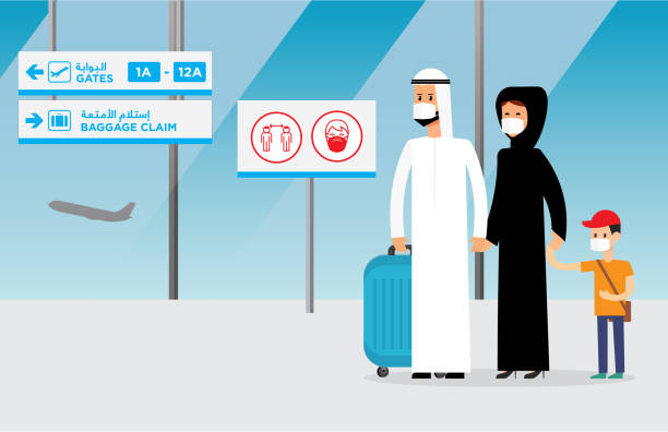 Arab family traveling taking precautions against virus/germ spreading. Arab family traveling taking precautions against virus/germ spreading. Editable vector file. oman cartoon stock illustrations