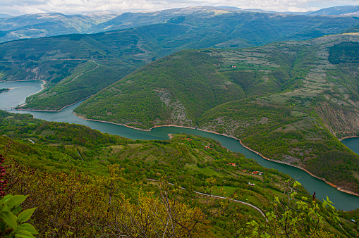 Beautiful panoramic view from Goat rock (Kozji kamen) viewpoint of meandering Zavoj lake (Zavojsko jezero), Serbia