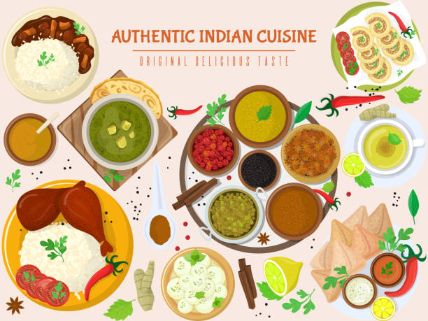 illustrazioni stock, clip art, cartoni animati e icone di tendenza di autentico cibo indiano, originale delizioso striscione di gusto, illustrazione vettoriale piatta. cibo asiatico piccante, prodotto pasto al gusto piccante. - hindustani