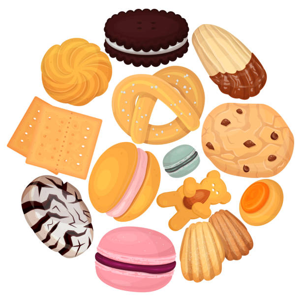 cookies gebäck muster flache vektor-illustration. süße keks donut, leckere süße leckerei, design für süßigkeiten - shortbread caramel chocolate candy biscuit stock-grafiken, -clipart, -cartoons und -symbole