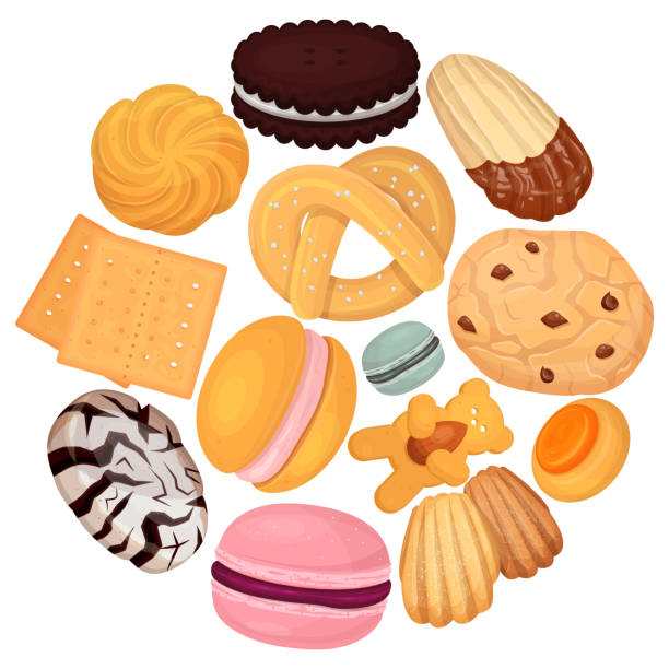 ilustrações, clipart, desenhos animados e ícones de cookies padrão de massa ilustração vetorial plana. rosquinha de biscoito doçura, delicioso doce, design para doces - shortbread caramel chocolate candy biscuit