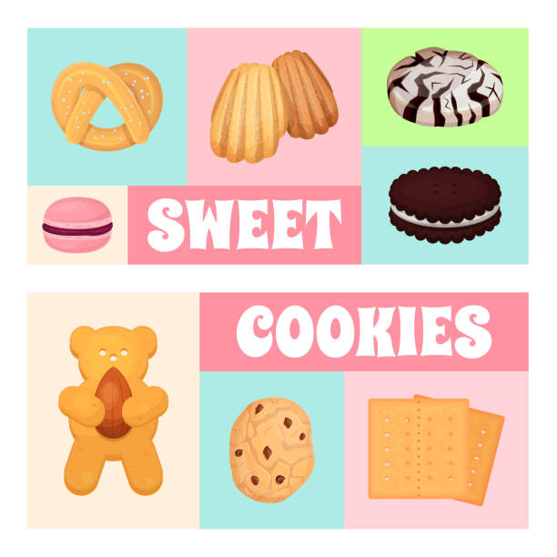 ilustrações, clipart, desenhos animados e ícones de cookies padrão de massa ilustração vetorial plana. rosquinha de biscoito doçura, delicioso doce, design para doces - shortbread caramel chocolate candy biscuit