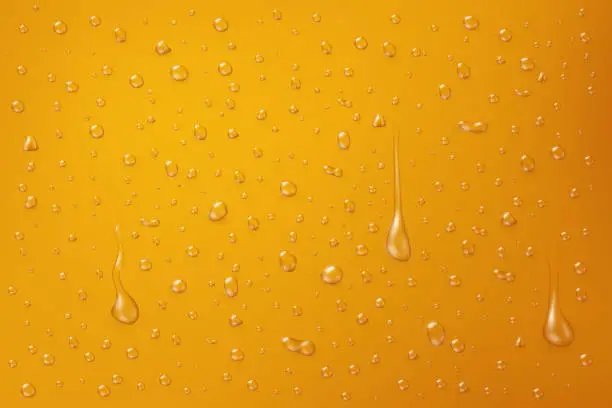Vector illustration of Transparent water drops on the yellow surface. Vector illustration