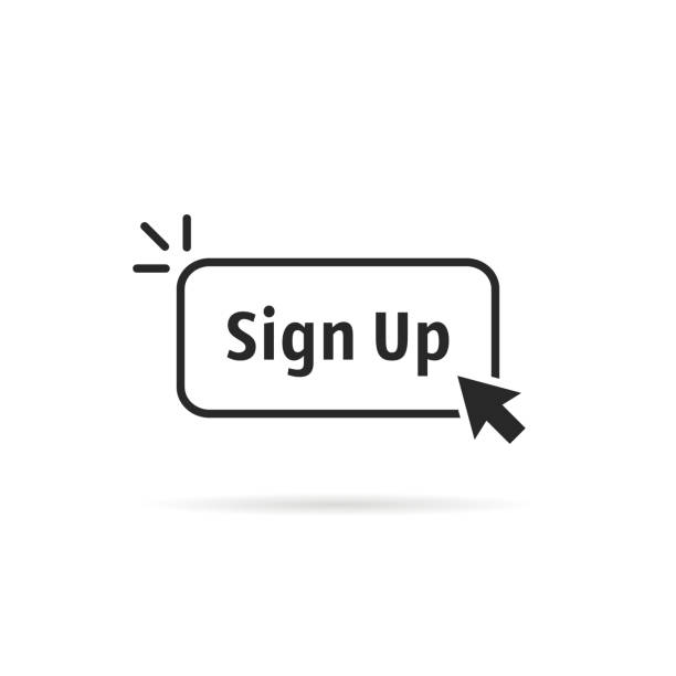 linear simple black sign up button linear simple black sign up button. concept of signup on site or apply now to community and open registration. flat outline modern graphic art design illustration isolated on white background register stock illustrations