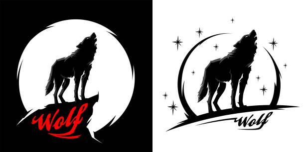 Black alpha male lone wolf vector Black alpha male lone wolf with full moon silhouette. Wild animal at night graphic design illustration. Line art style wolves vector set. moon silhouettes stock illustrations