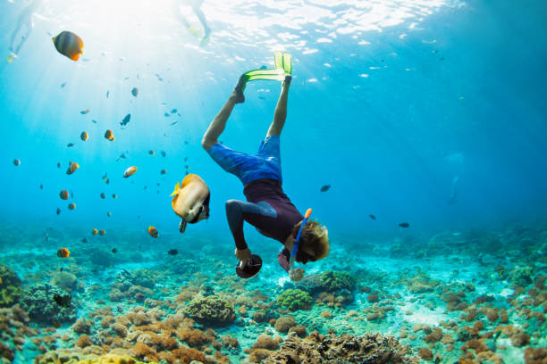 istock Young man in snorkelling mask dive underwater 1250227405