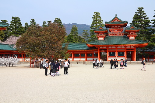 People visit Heian Jingu shrine in Kyoto, Japan. Old Kyoto is a UNESCO World Heritage site.