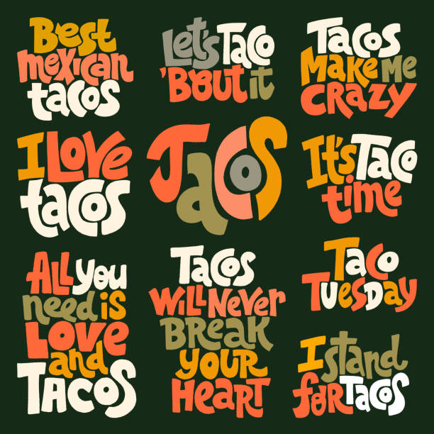 Taco loving set Hand-drawn lettering quote. Set of lettering tacos and how delicious it is. It can be used for menu, sign, banner, poster, and other promotional marketing materials. Vector calligraphy lettering. tacos stock illustrations