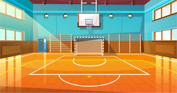 Shining basketball court with wooden floor illustration Shining basketball court with wooden floor vector illustration. Modern indoor stadium illuminated with spotlights cartoon design. Championship or tournament. Sport arena or hall for team games concept gym stock illustrations