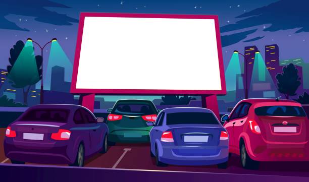 illustrazioni stock, clip art, cartoni animati e icone di tendenza di cinema per auto all'aperto con schermo bianco vuoto - drive in