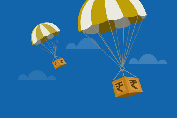 heißluftballons transportieren boxen mit indischen ruupien.konzept der investitionen in der wirtschaft. - chest fly stock-grafiken, -clipart, -cartoons und -symbole