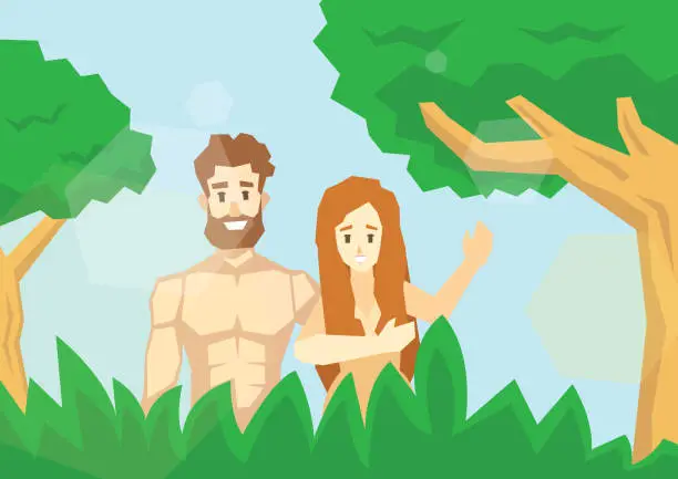 Vector illustration of Adam and Eve in the garden of Eden
