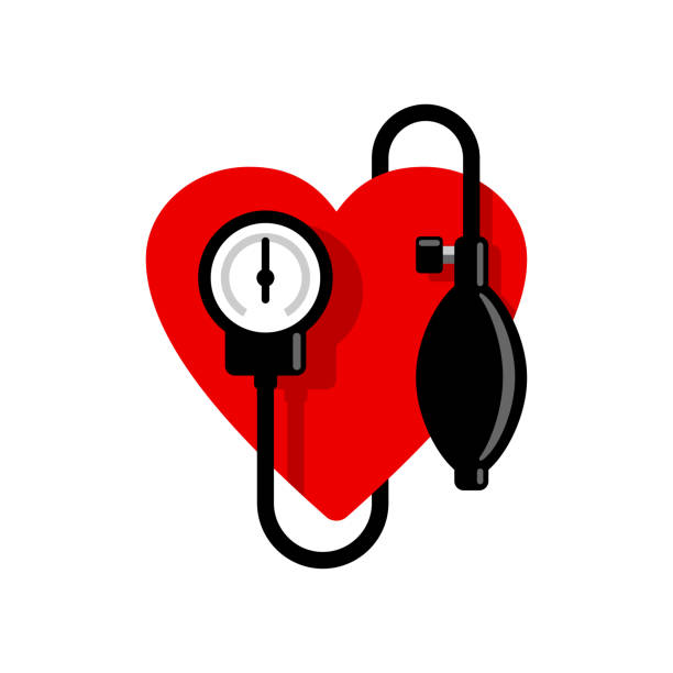 ilustraciones, imágenes clip art, dibujos animados e iconos de stock de icono de presión arterial - corazón y esfigmomanómetro - blood pressure bulb