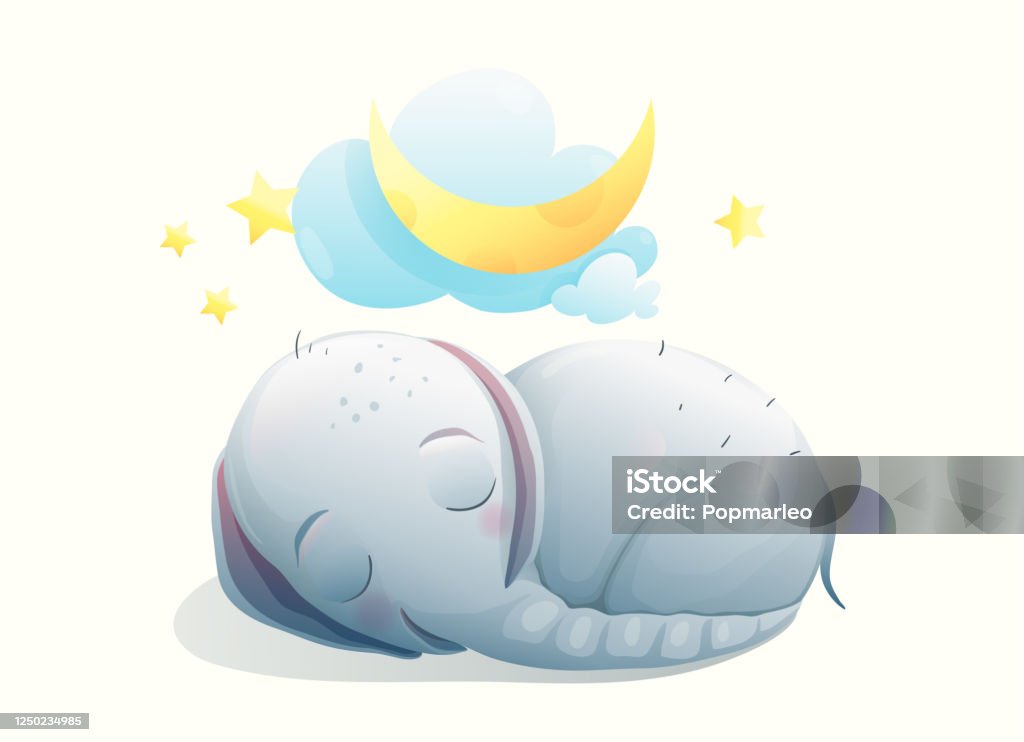 어린 아기 코끼리가 눈을 감고 꿈속에서 행복한 미소를 지었습니다 달 꿈에 달콤한 동물 새끼 코끼리에 대한 스톡 벡터 아트 및 기타  이미지 - Istock