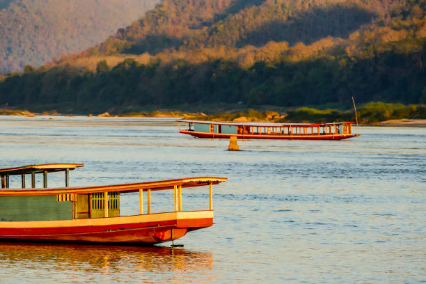 boat on the lake, digital photo picture as a background - luang phabang laos thailand mekong river imagens e fotografias de stock