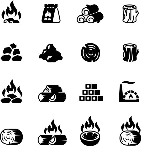 Charcoal, burning coal for barbecue vector isolated icons Charcoal, burning coal for barbecue vector isolated icons. Burn and flame, fuel wood in package illustration chef cooking flames stock illustrations