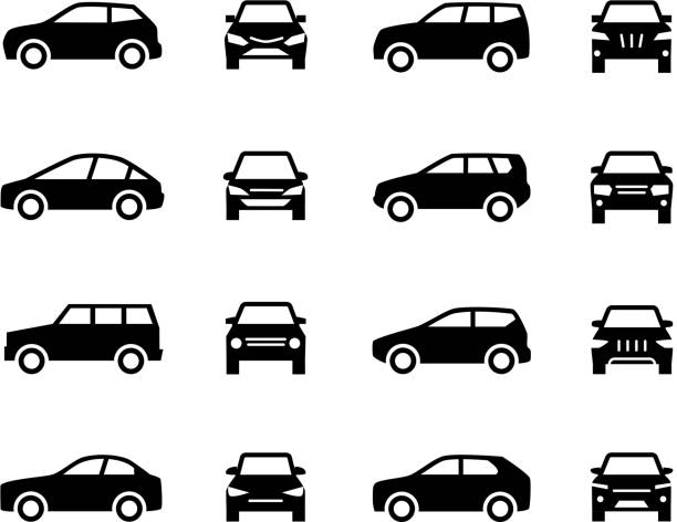 자동차 앞면 및 측면 보기 표지판. 흰색 배경에 격리 된 차량 블랙 실루엣 벡터 아이콘 - car stock illustrations