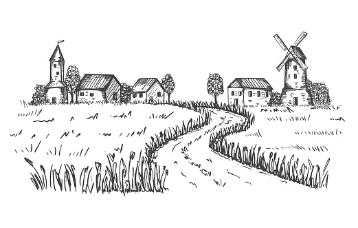 Sketch of a rural landscape. The road leading to the farm, houses, mill through a wheat field. Good for packaging eco-friendly, natural food. Engraved, etched image.Hand drawn. Black and white vector