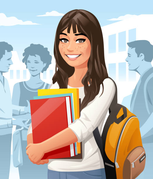 캠퍼스에 배낭을 가진 여학생 - student campus lifestyles university stock illustrations