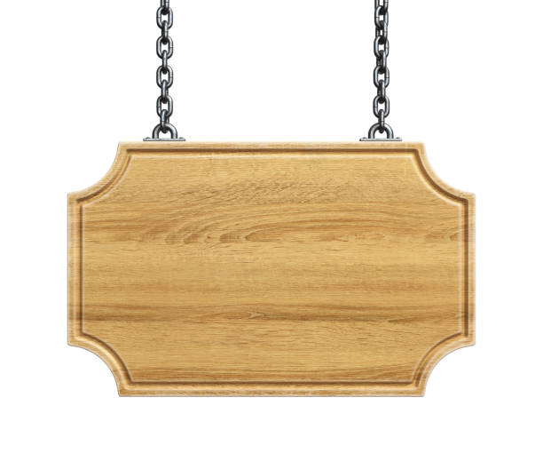 istock Wooden sign board hanging on a chains isolated on white background 3d rendering 1250238717