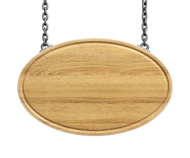 istock Wooden sign board hanging on a chains isolated on white background 3d rendering 1250238761