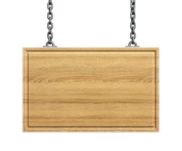 istock Wooden sign board hanging on a chains isolated on white background 3d rendering 1250238825
