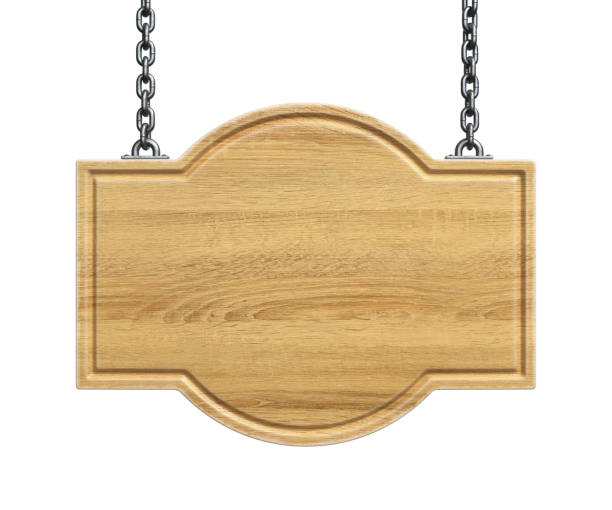 istock Wooden sign board hanging on a chains isolated on white background 3d rendering 1250238854