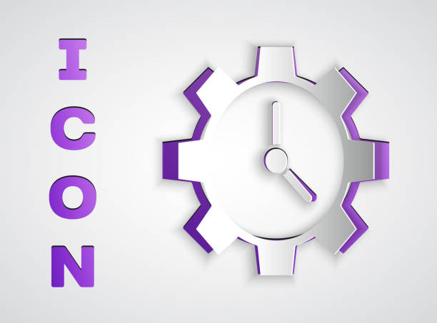 istock Paper cut Time Management icon isolated on grey background. Clock and gear sign. Productivity symbol. Paper art style. Vector Illustration 1250238862