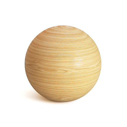 Wooden sphere 3d rendering, spherical shape made of wood isolated on white background isolated illustration