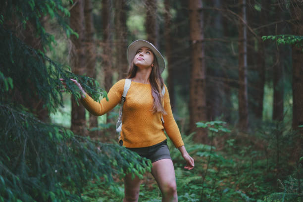 young woman on a walk outdoors in forest in summer nature, walking. - tree area footpath hiking woods imagens e fotografias de stock