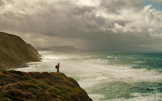 Woman standing on the edge of water on the cliff, feeling free and happy