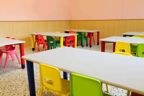 istock interior of the classroom with tables and empty chairs without c 1250244051