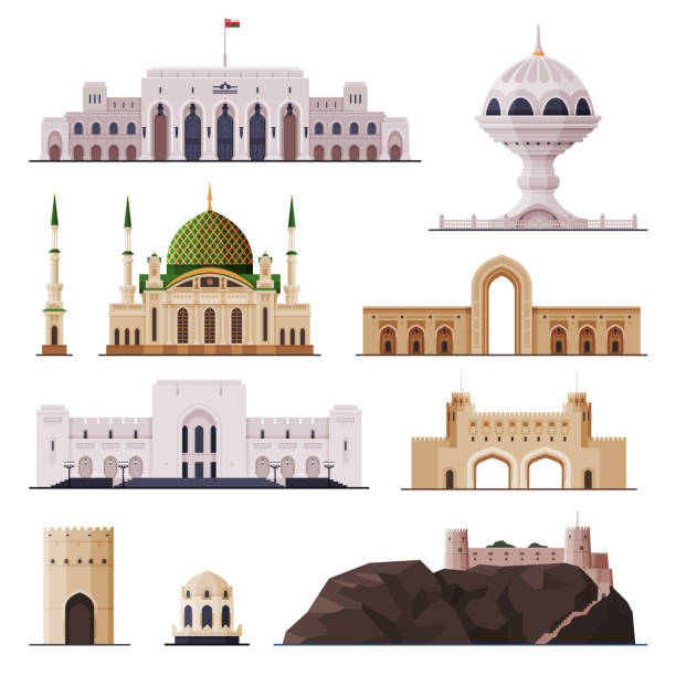 illustrazioni stock, clip art, cartoni animati e icone di tendenza di viaggia in oman, muscat city historical building collection, famous landmarks flat vector illustration - oman greater masqat built structure mosque