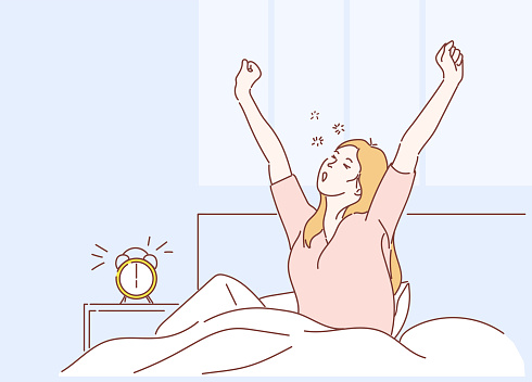 Woman wake up in the morning on white bed and stretching. Hand drawn in thin line style, vector illustrations.
