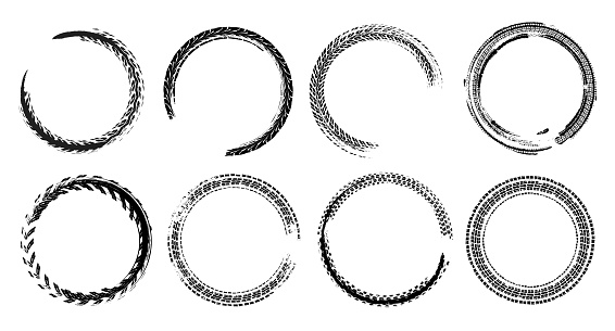 Tire track circle grunge frame. Digital vector illustration. Automotive background elements set for poster, print, flyer, booklet, brochure and leaflet design. Editable image in monochrome colors.