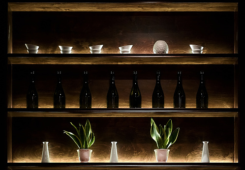 Bar shelf with bottles, pots, cactuses and interesting light
