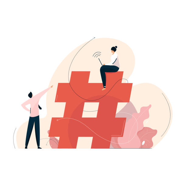 koncepcja marketingu w mediach społecznościowych z symbolem hashtagu - twitter business web page browser stock illustrations